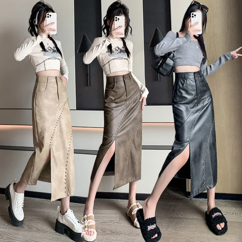 2023 Winter Fall Beading PU Skirt Wrap Hip Long Skirt High Split High Waist Fashion Lady Faux Leather Skirts gaming chair for kids and teens faux leather