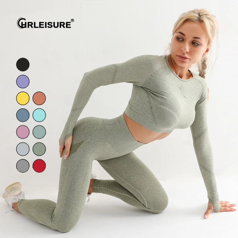 CHRLEISURE 3 Pcs Seamless Gym Set Women Fitness Yoga Set Sports Suits High Waist Leggings Push Up Bra Crop Tops Suit Sportswear green pant suit