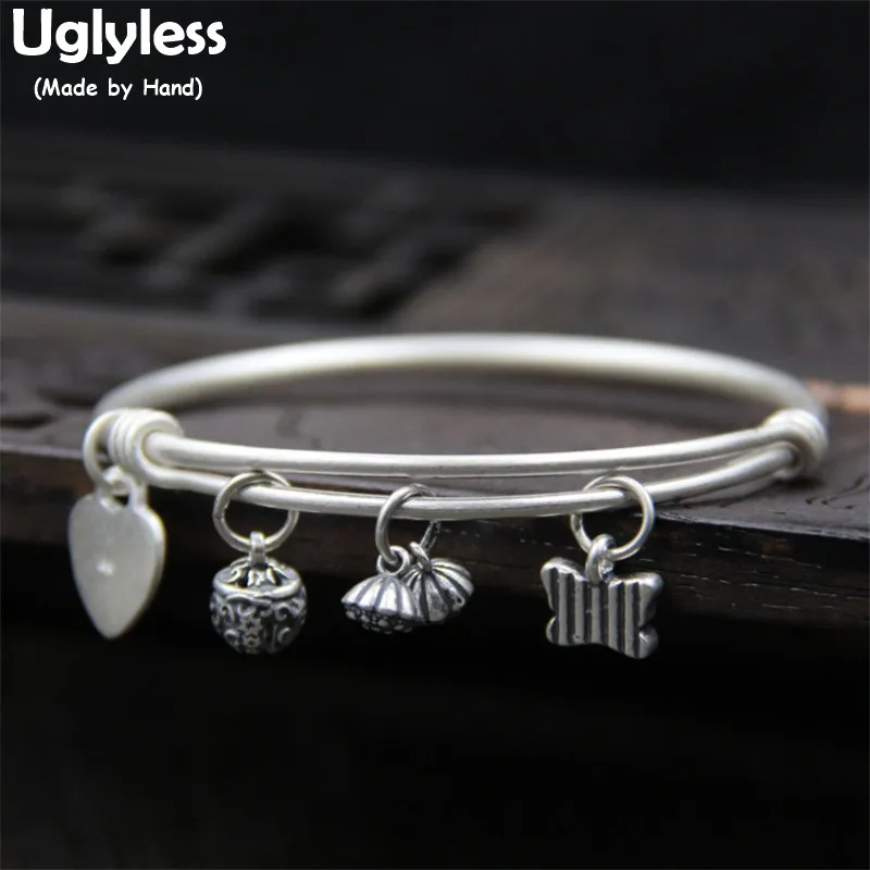 

Uglyless Real S999 Silver Fine Jewelry Exotic Popular Girl Charm Bangles Adjustable LOVE Heart Bangle Handmade Lotus Bijoux Bell