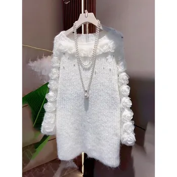 Abbigliamento da donna ampio a maniche lunghe con giunture rosa cava lavorata a maglia alla moda 2025 nuovo abito invernale elegante 1