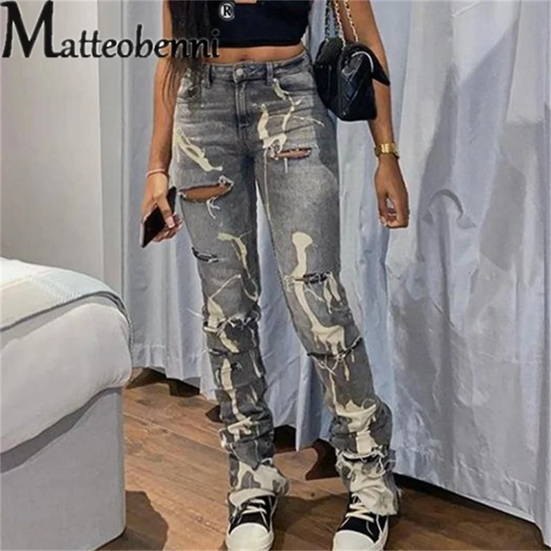 Fashion High Waist Button Splicing Straight Jeans Women Broken Holes Denim Pants Ladies Stretch Trousers Casual Trend Streetwear fashion straight ladies jeans women high waist and slim 2023 new holes ripped demin pants