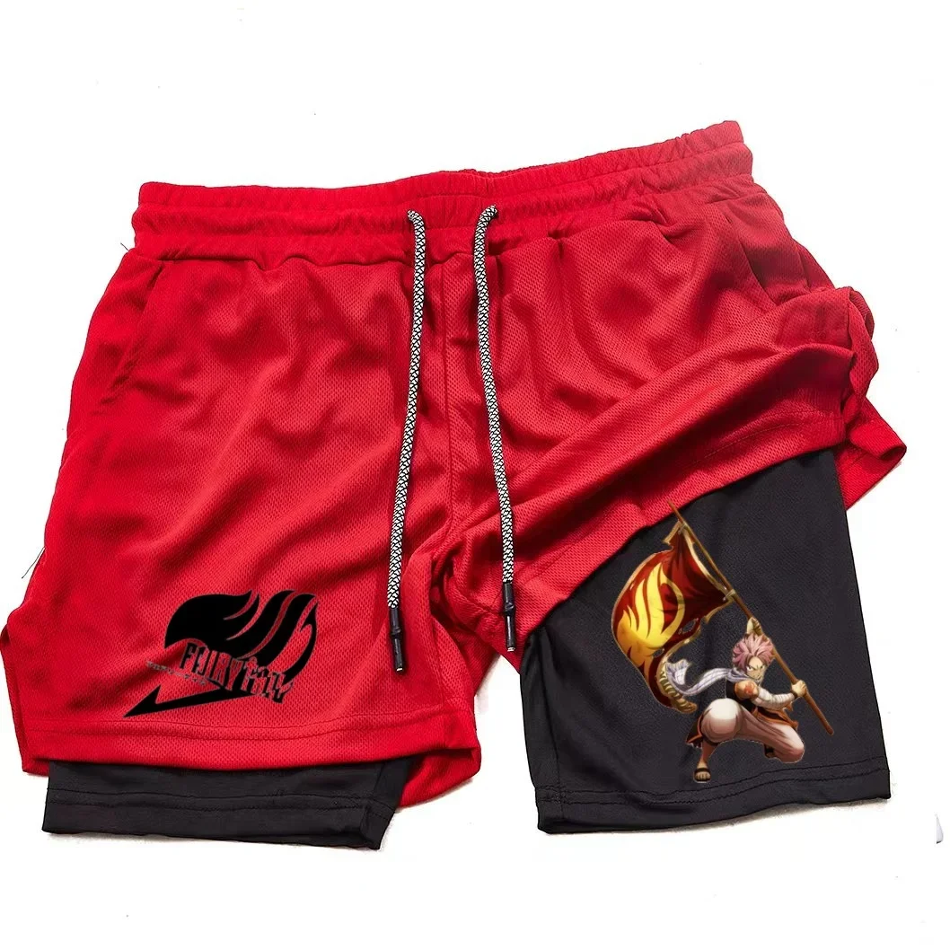 Men's double layered animated fairy tail shorts, gym training print sportswear, multifunctional, quick drying, running, M-3XL 4
