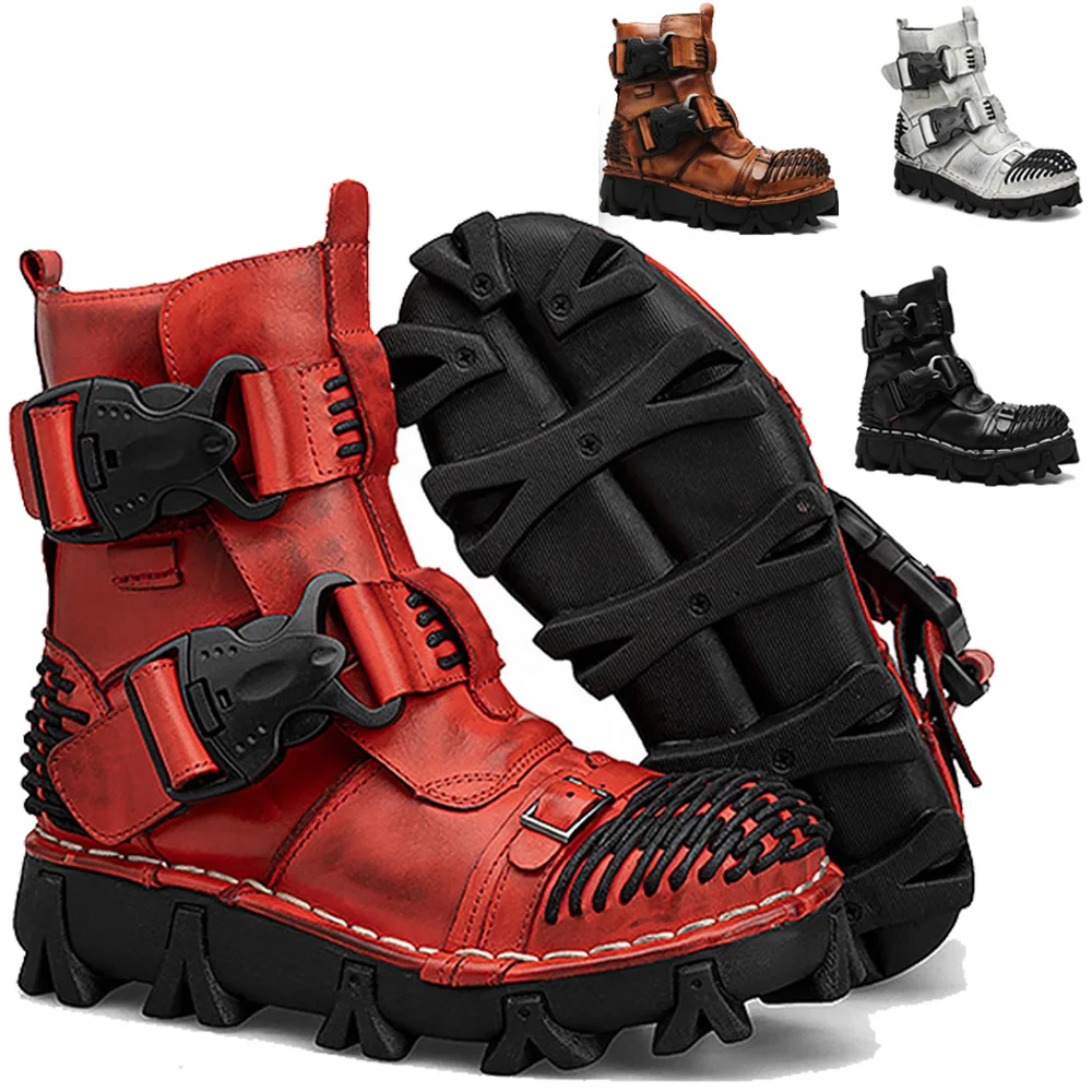 

Men's Genuine Leather Motorcycle Boots Skull Gothic Punk Boots Desert Combat Mid-calf Boot Safety Shoes Military Boots Winter