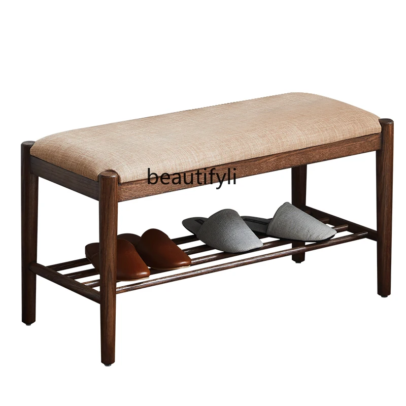 

Solid Wood Shoe Changing Stool Hallway Stool Nordic Cotton Linen Soft Bag Cushion Stool Footstool