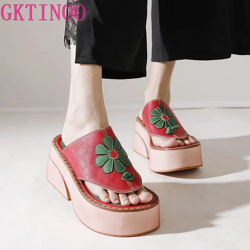 

GKTINOO Sandals Luxury Designer 8.5cm Women 2023 Ethnic Appliques Genuine Leather Summer Platform Clip Toe Slippers Slides Shoes