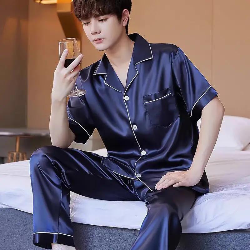 Summer Men's Ice Silk Pajamas Solid Color Lapel Short Sleeve Pants Oversized Loose Casual Imitation Silk Home Clothing Set