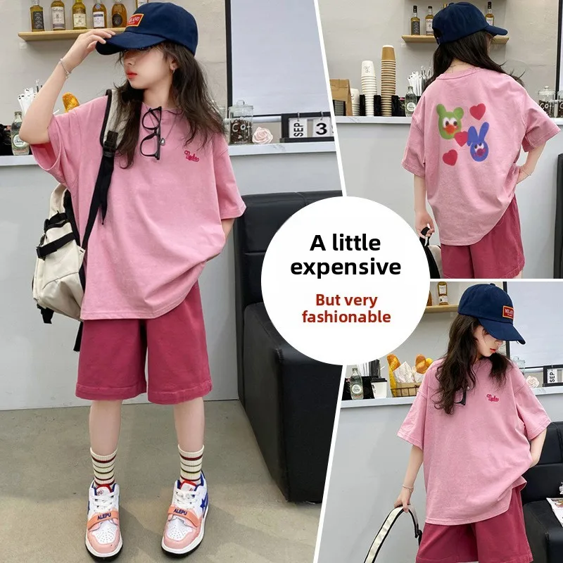 Sommer Mädchen Baumwoll-T-Shirt mit Alphabet-Prints + Einfarbige Shorts Trainingsanzug Schul-Kinder 2-teiliges Set Kinder-Outfit 5-16 Jahre