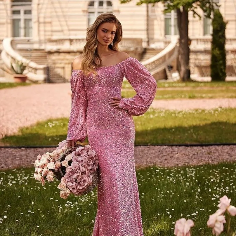 

2023cross-border new sequins temperament commuter solid colour mid-waist red halter type host banquet long skirt evening dresses