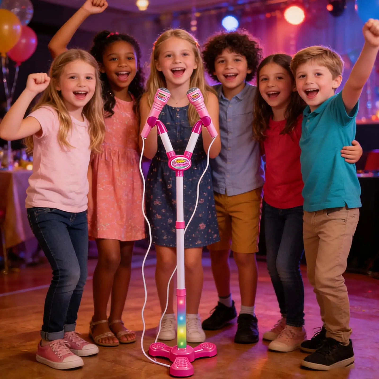 스탠드가있는 어린이를위한 마이크 다채로운 빛으로 노래하는 장난감 소년 소녀 유치원생 생일을위한 어린이 마이크 장난감