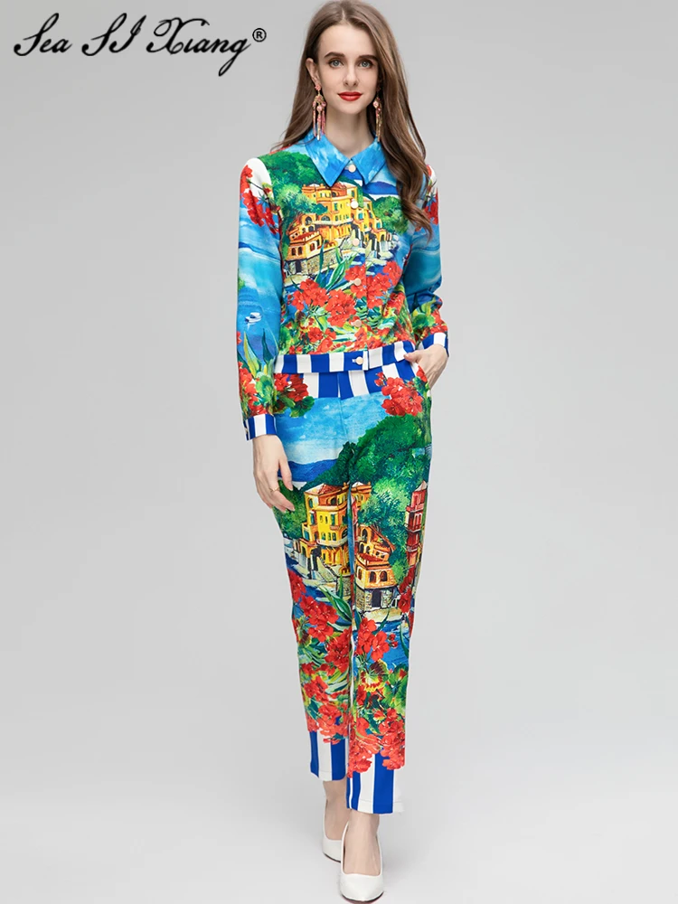 

Seasixiang Fashion Designer Early Autumn Vintage Print Set Women Long Sleeve Short Tops + High Waist Pencil Pants 2 Piece Set