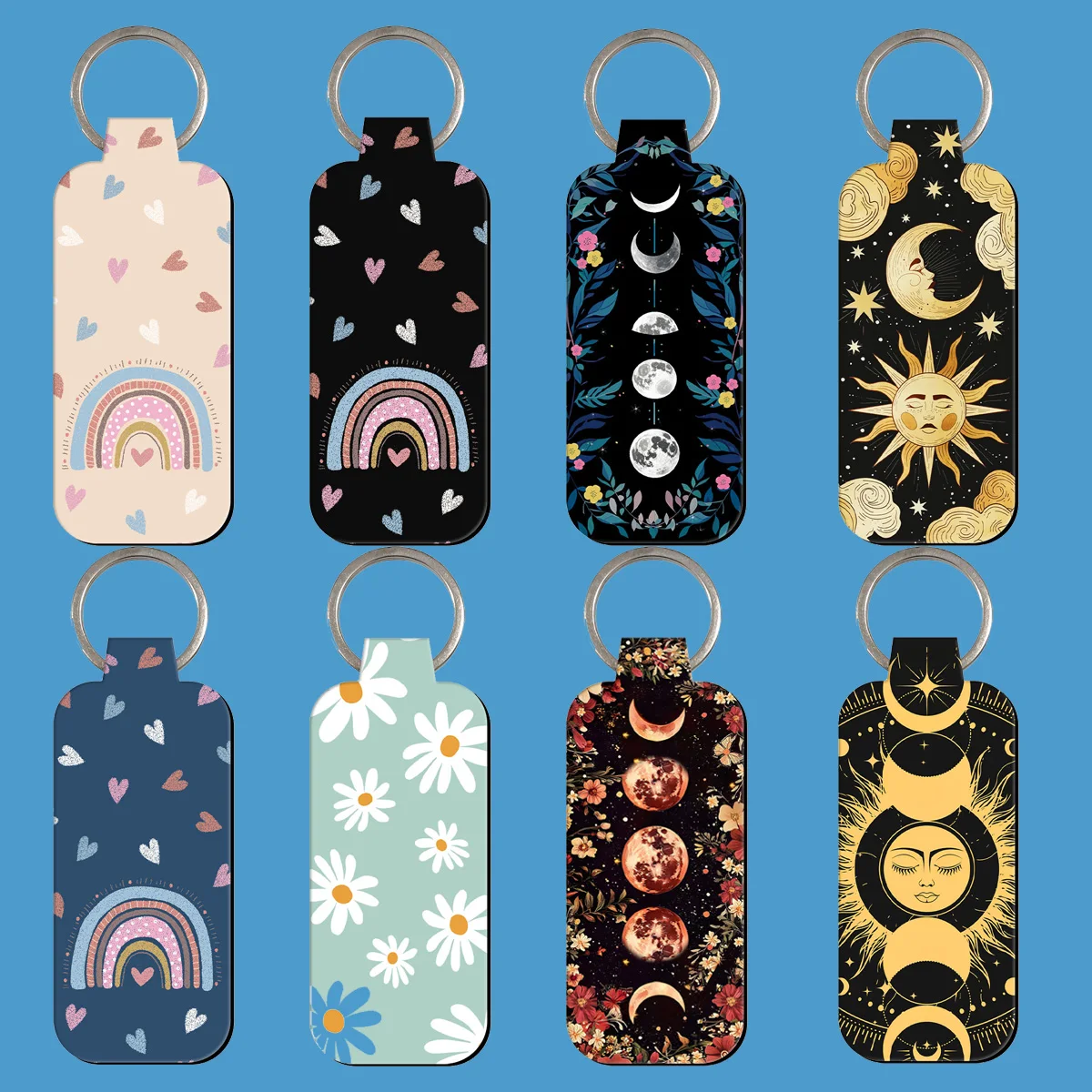 Rainbow Cartoon Daisy Clip On Lipstick Holder Keychain Print Moon and Sun Keyring Trendy Lip Balm Bag Charms Cosplay Accessories