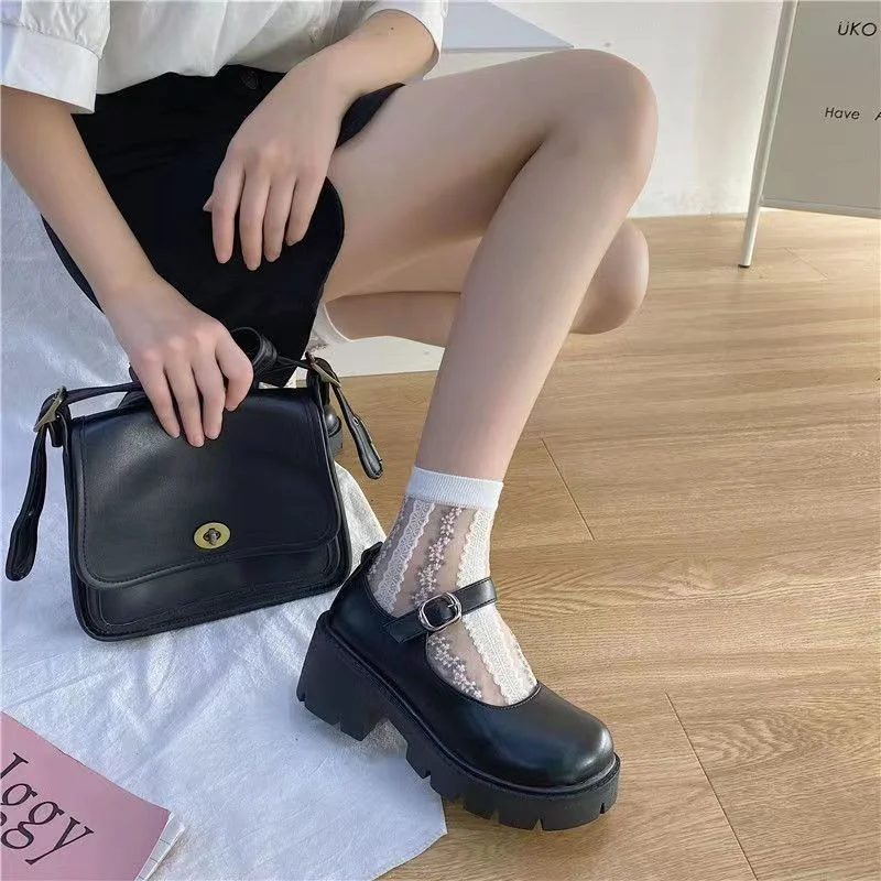 2023Lolita Shoes Japanese Girl Platform Black High Heels Fashion Round Toe  Jane Women Patent Faux Leather Student Cosplay Shoes