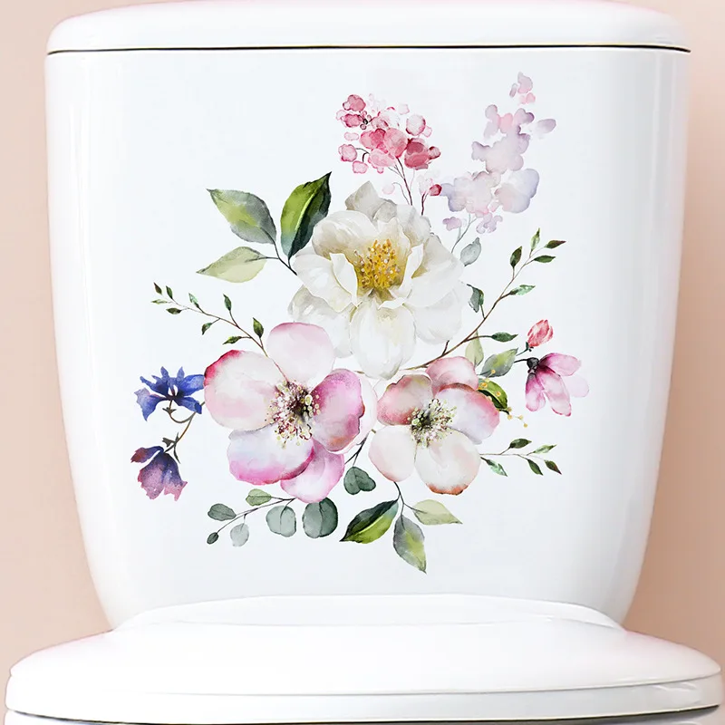 Toilet Stickers Colorful Flowers Toilet Self Adhesive Mural Stickers Bathroom Wall Green Plant Home Decoration Decals Vinyl Stickers Toilet Wall Stickers Toilet Seat Stickers