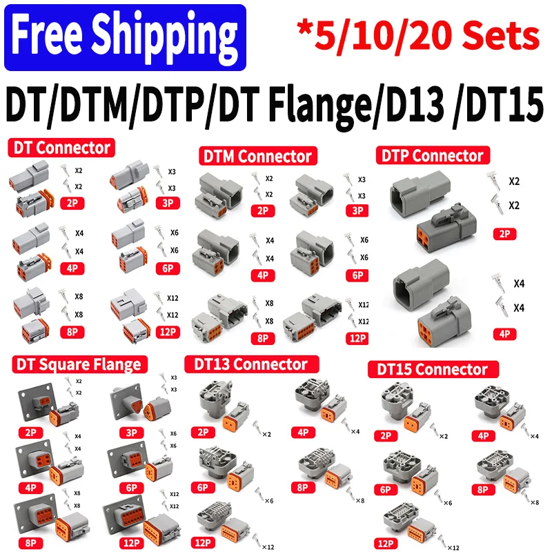 Kit de Conectores da Série Deutsch Plugue e Soquete Automóvel Dtm dt Dtp D13 Dtm 042 12 Dtm06-2 Dtm06-2 8s Conjuntos 10 Conjuntos 20 Conjuntos