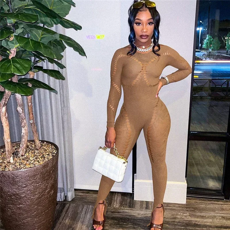 

Knitted Jacquard Hollow Out Skinny Jumpsuits Women Sexy See Through Long Sleeve Stretchy Slim Club Overalls Fashion Rompers