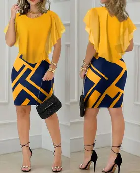 Abiti eleganti a maniche corte per le donne stampa geometrica orlo con volant aderente Mini abito Skinny nuova moda 2023 estate Casual 1