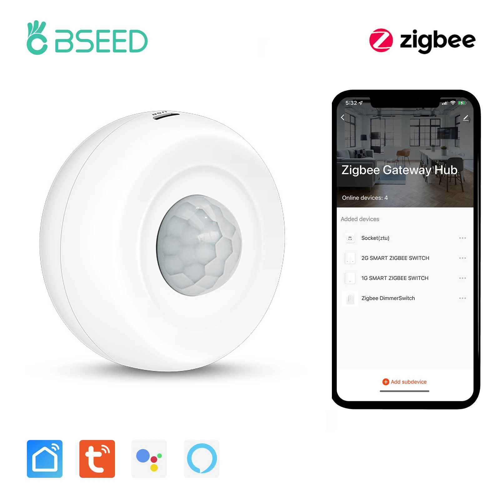 Bseed-zigbee Inteligente Pir Motion Sensor Switch Home Security Body Detector Suporte Tuya Smart Life Google Home App