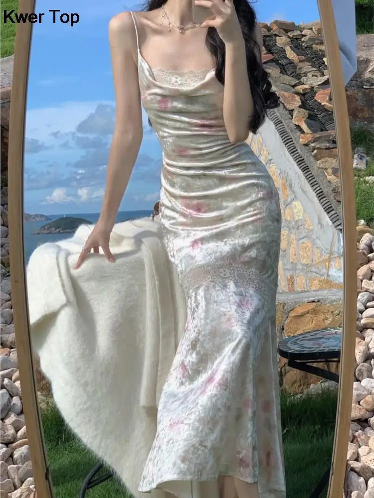 

Женское облегающее платье с юбкой-годе, элегантное вечернее кружевное платье с вырезами на тонких бретелях, модельное платье во французском стиле, лето