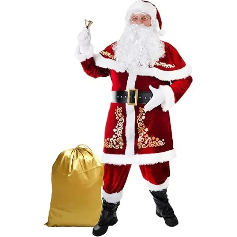 Juego De 7 Piezas De Disfraz De Papá Noel Para Hombre – Terciopelo Rojo Lujoso, Con Barba Y Botas, Para Fiestas Navideñas