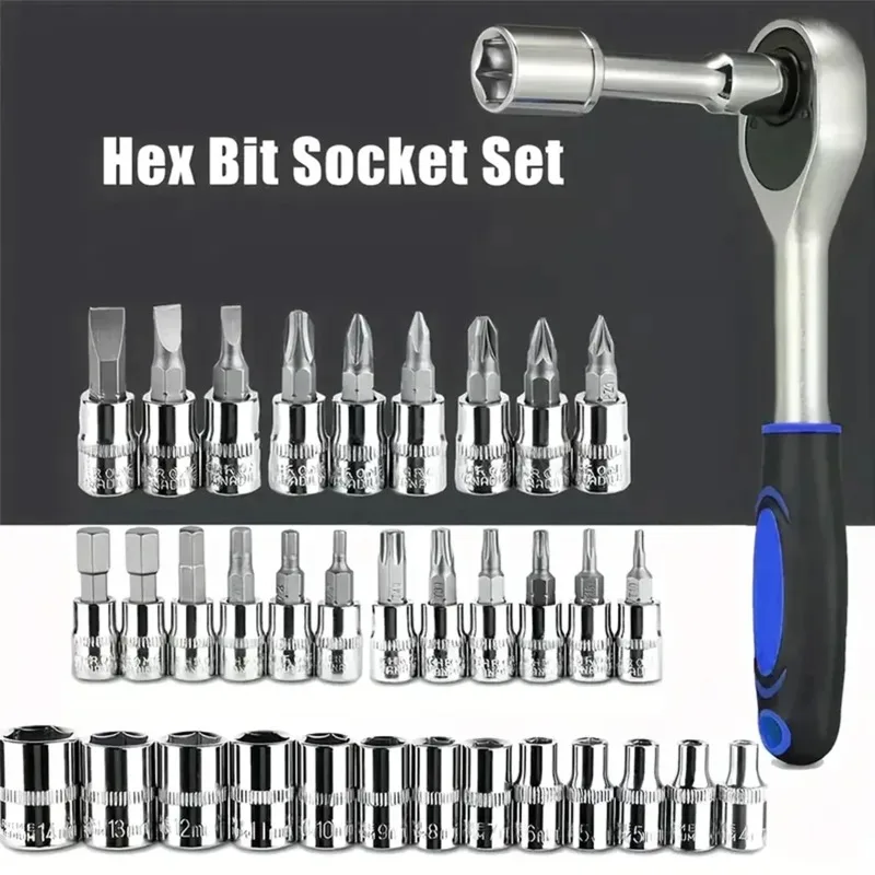 46-Piece Socket Wrench Set Professional Automotive Tool Set Made of Chrome-Vanadium Steel Features Quick-Release Socket Wrench