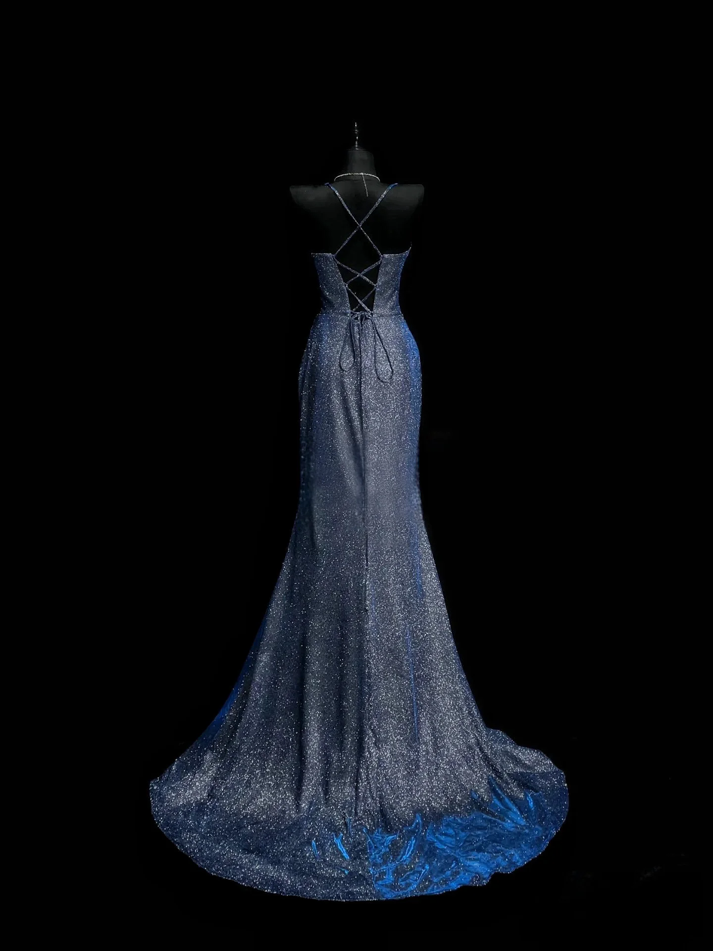 Woman Blue Cocktail Dress Sexy Shiny Sequins Spaghetti Strap Split High Waist Lady Prom Evening Gown