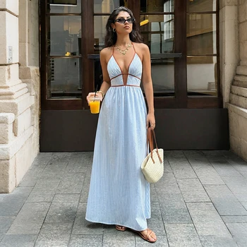 2026 Summer New Style Deep V-neck Striped Beach Dress, Sexy Backless Sleeveless Neckline Long Dress 1