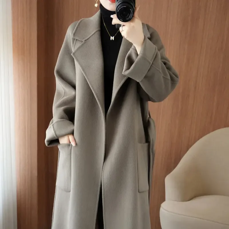 2023 Autumn Winter New Double-Sided Cashmere Coat Female Temperament Loose Large Size Long Woolen Outwear Fashion Casual Outcoat