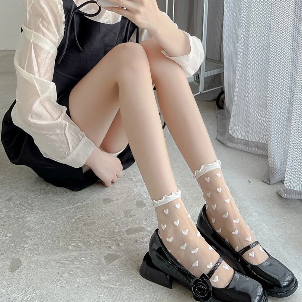 Frauen Sommer Ultra-dünne Transparente Glas Seide Socken Gestreiften Herz Blumen Druck Nette Socken Casual Atmungsaktive Elastische Söckchen – Detail 8