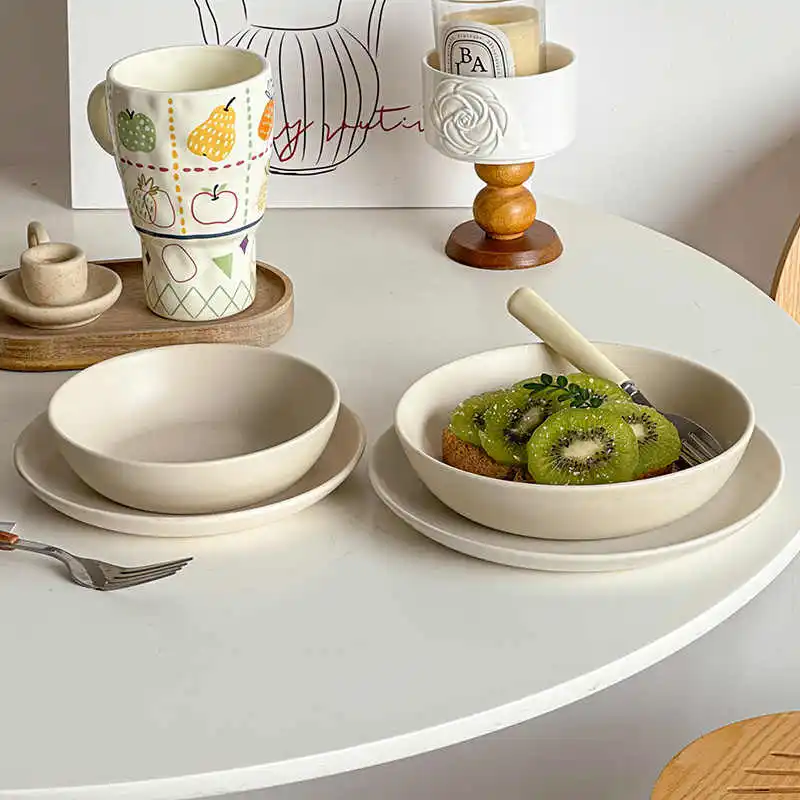 Beige Ceramic Fruit Salad Bowl Solid Colour Simple Deep Tray Home Spaghetti Plate Fruit Dish Tableware