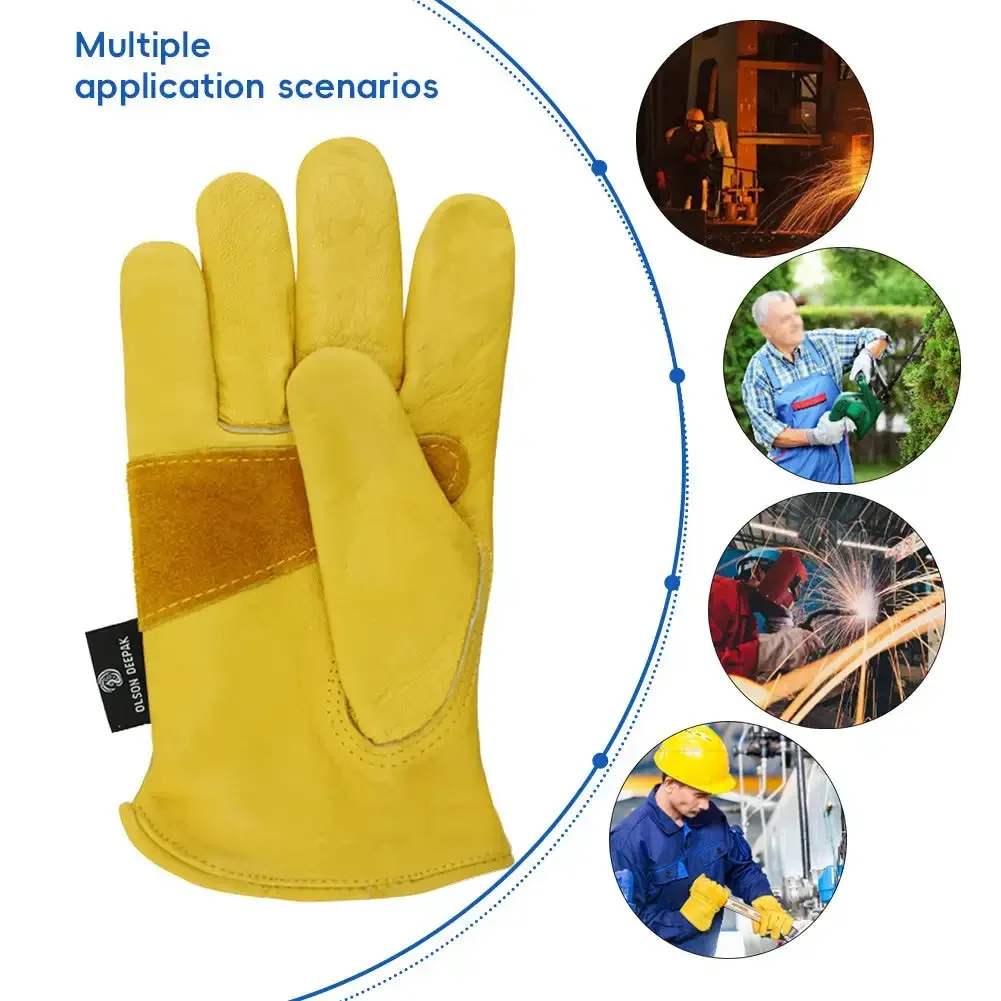 Leather Work Gloves For Men Yellow Cowhide Heavy Duty Safety Protective Driver Working Welding Mechanic Gloves