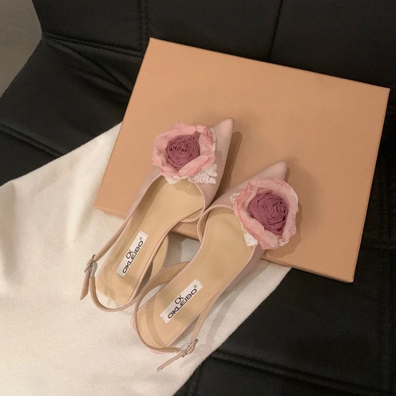 Women's Silk Flower Decorative Single Shoes Sexy Transparent PU Pointed Slingbacks High Heels Party Dress Women's Sandals Summer