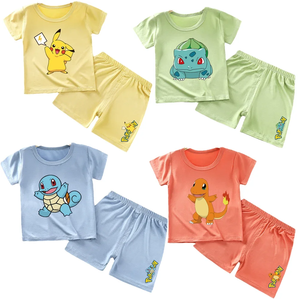 

Pokemon Snorlax Gengar Charmander Charizard Pikachu Eevee Home Clothes Set Modal Kids Thin Short Sleeve Casual Pajamas Summer