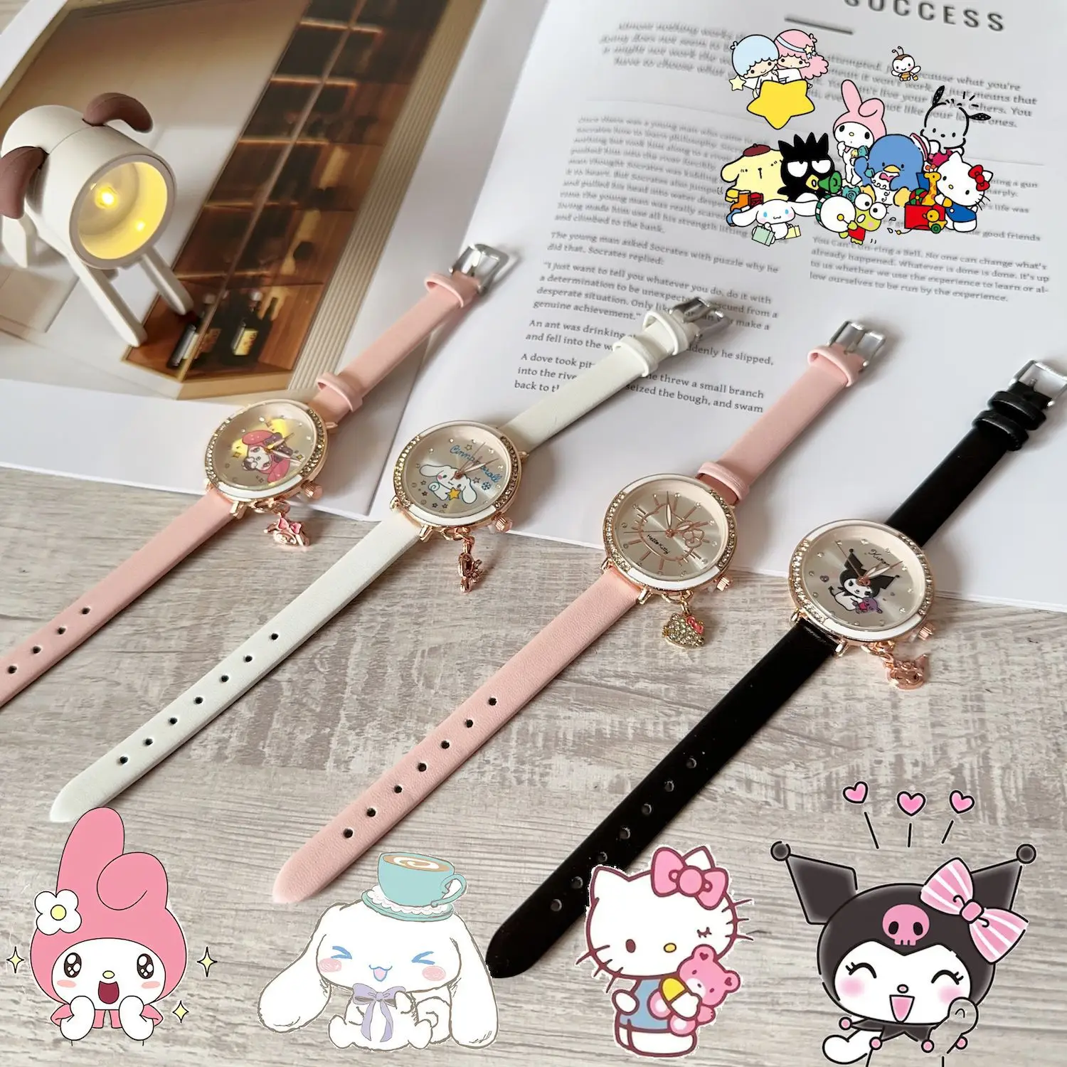 Quartz Watch Kawaii Cartoon Anime Figure Melody HelloKittys Kuromi Cinnamoroll High Quality White Leather Watch Girl Gifts 2