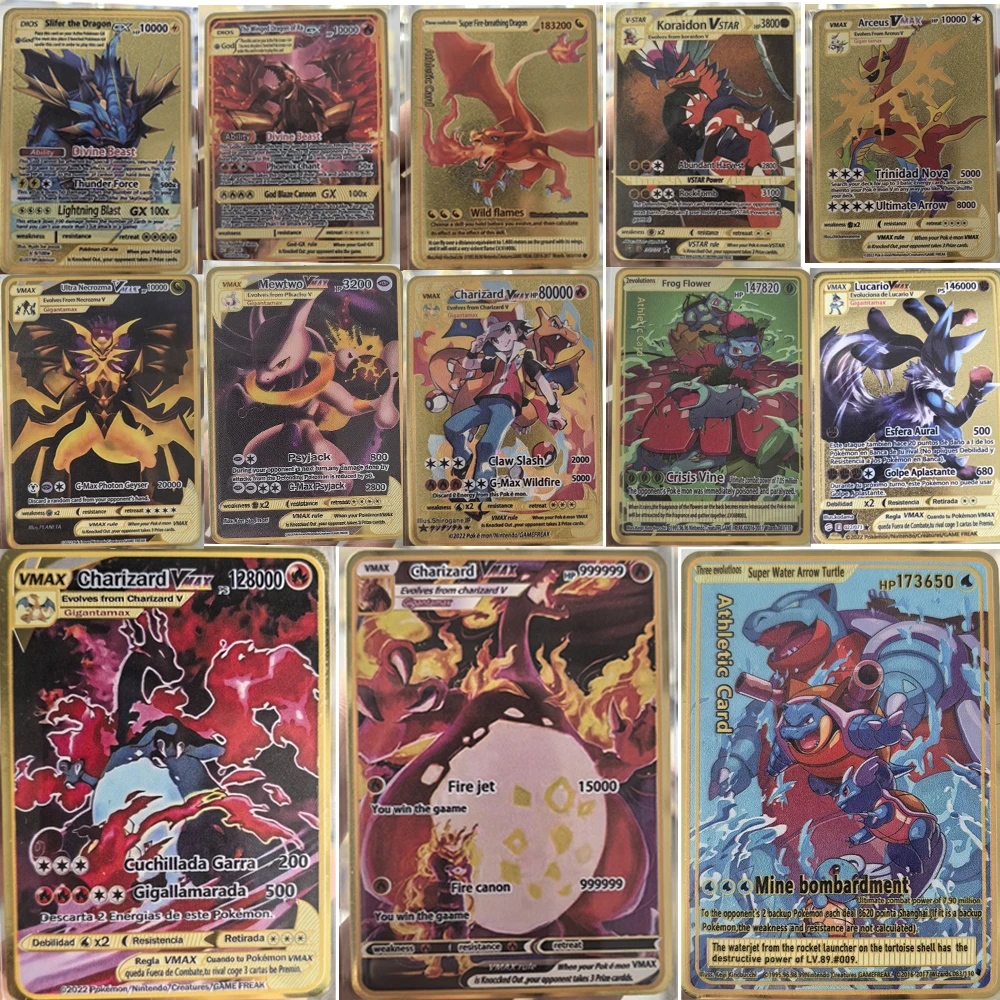 Tarjetas Pokémon Charizard Vmax de 10000HP, Tarjeta Metálica en Inglés, Arceus GX Vstar V Dorada Limitada, Regalo para Niños, Juego de Batalla, Tarjetas Coleccionables