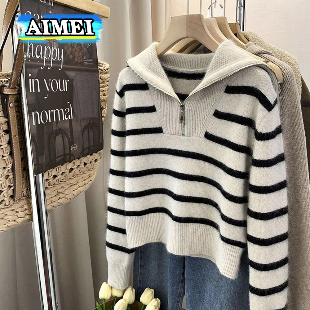 

Women's Striped Zipper Knitted Sweater Knitwear Pullover Autumn Winter Clothes Loose Long Sleeved Sweater Korean Style 2023
