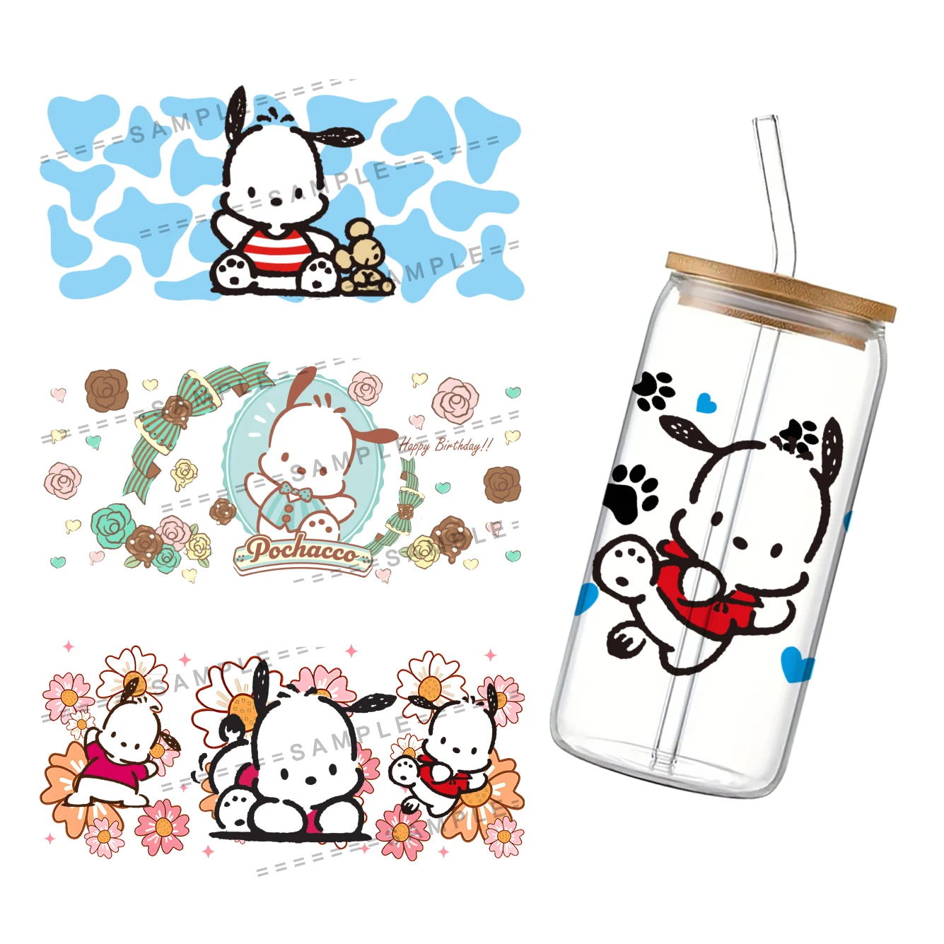 

Sanrio Pochacco 16oz Glass Can Wrap UV DTF Sticker For Transfer Sticker Custom Labels DIY