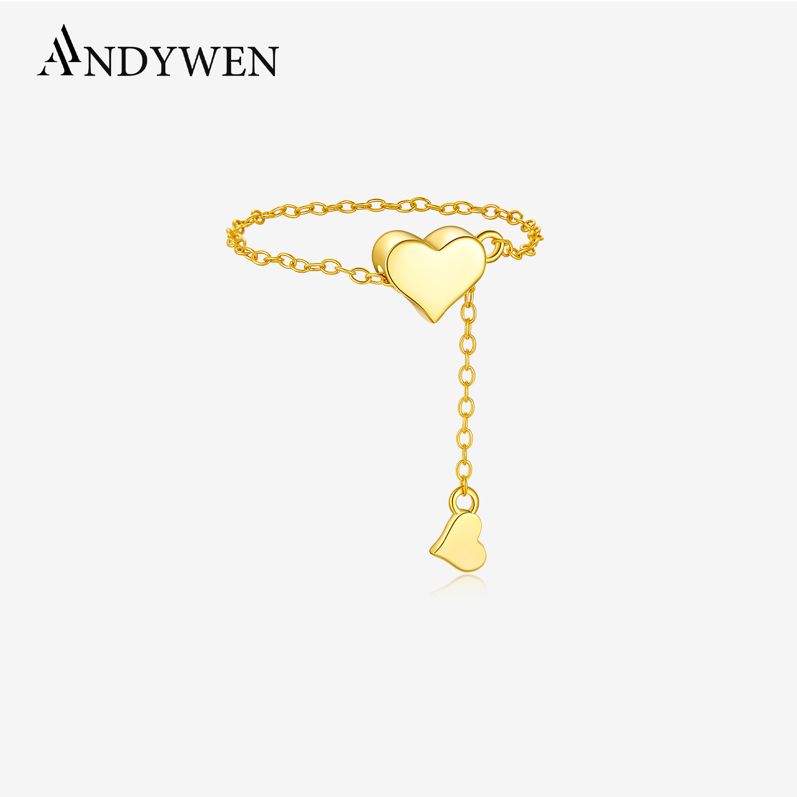 ANDYWEN Women 925 Sterling Silver Heart Adjustable Flexible Pulling Silica Stopper Plain Ring Transformer Anniversary Jewelry