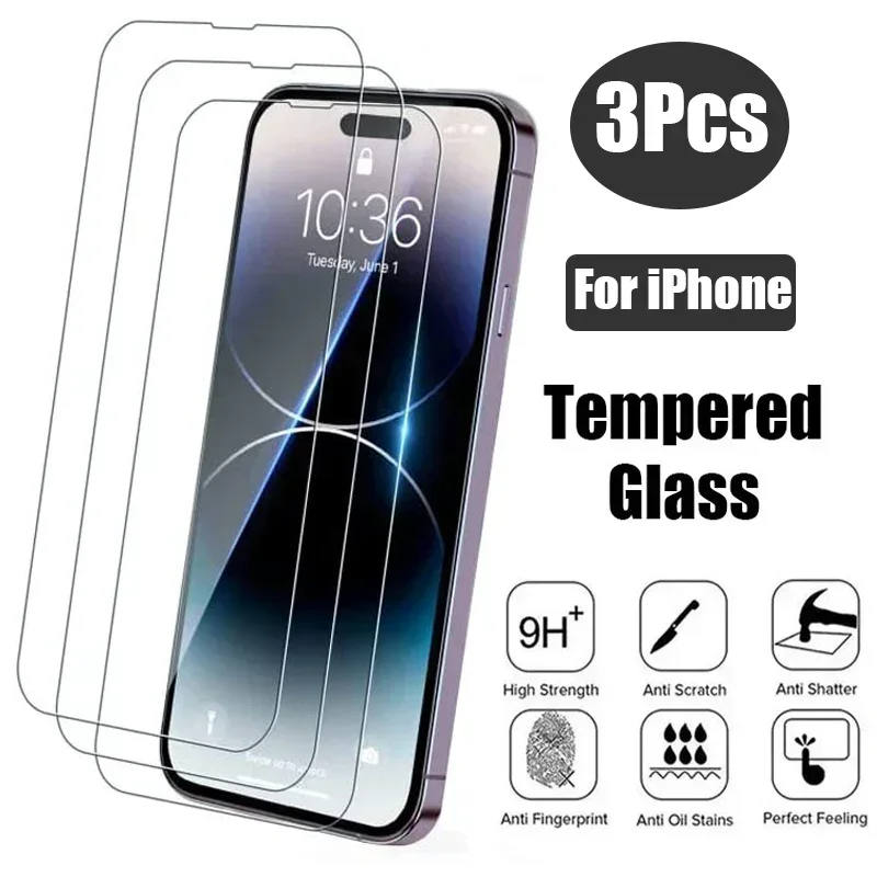 

3Pcs Protective glass For iPhone 14 13 12 11 Pro Max XS XR 12 Mini screen protector Tempered glass For iphone 7 8 14 Plus glass