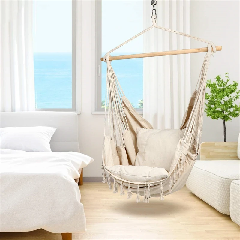 Hammock Swing Chair Hammock Chair Hanging Rope Swing Max 500 Lbs 2 Cushions Included Large Macrame Hanging Chair with Pocket for Superior Comfort