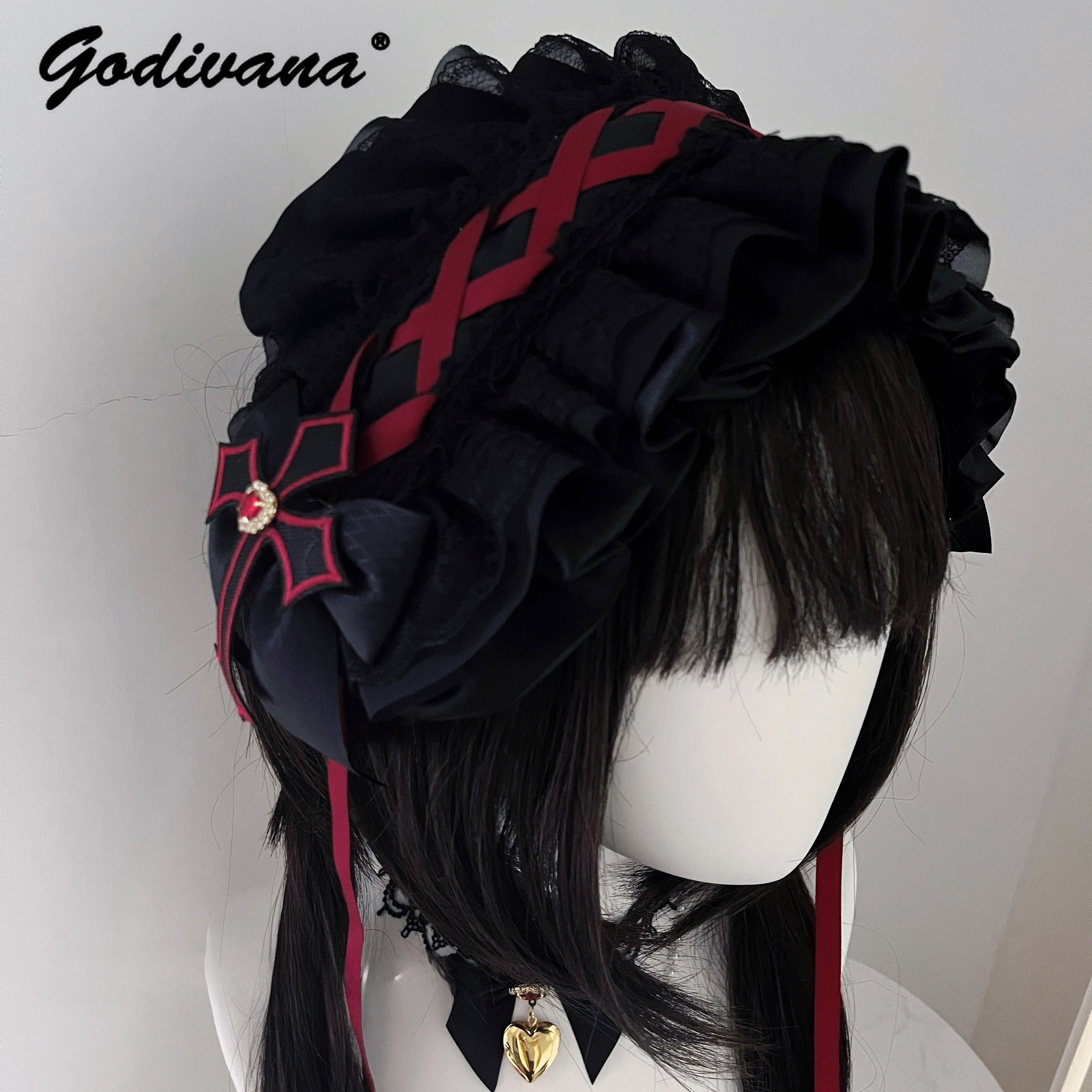 

Handmade Hair Band Japanese Gothic Style Women Girls Lolita Gorgeous Heavy Industry Cross Barrettes Lace Bow Headband