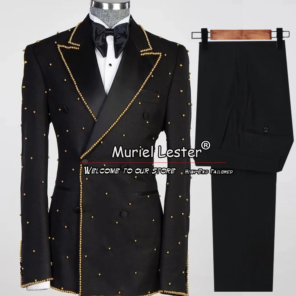 Groom Wear Wedding Suits For Men Gold Pearls Blazer Tailore Made 2 Pieces Double Breasted Jacket Pants Men's Tuxedo Prom Dress