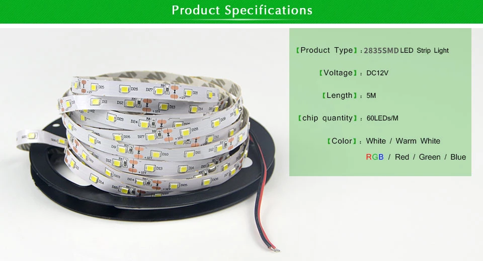 Description Picture 2 of item5M 12V LED Strip Light 2835 Blue Red RGB Led Lights for Room Wall Decoration Lighting 60LEDs/M Flexible LED Diode Tape Ribbon
