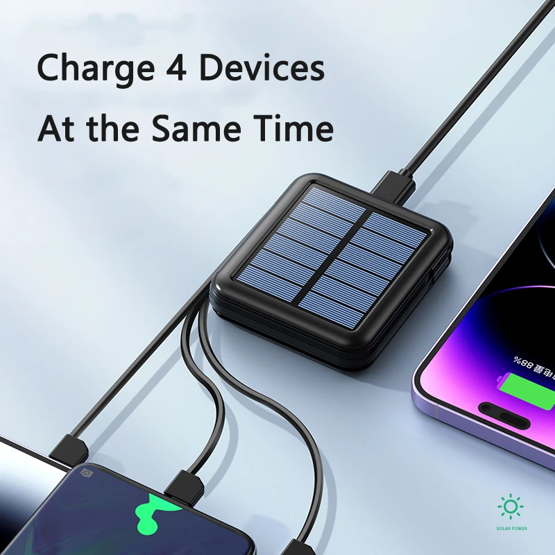 Solar Power Bank 20000mAh Portable Charger with Cable Camping Light Powerbank for iPhone 16 Samsung Xiaomi Mobile Phone Chargers 4