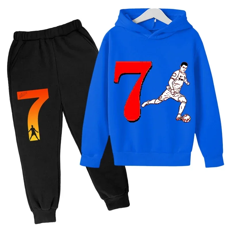 thumbnail image 1 of Conjunto de sudadera con capucha de primavera de Ronaldo, conjunto de 2 piezas de sudadera y pantalones azules informales para niños, ropa deportiva informal, chándal para niños, 1 of 5