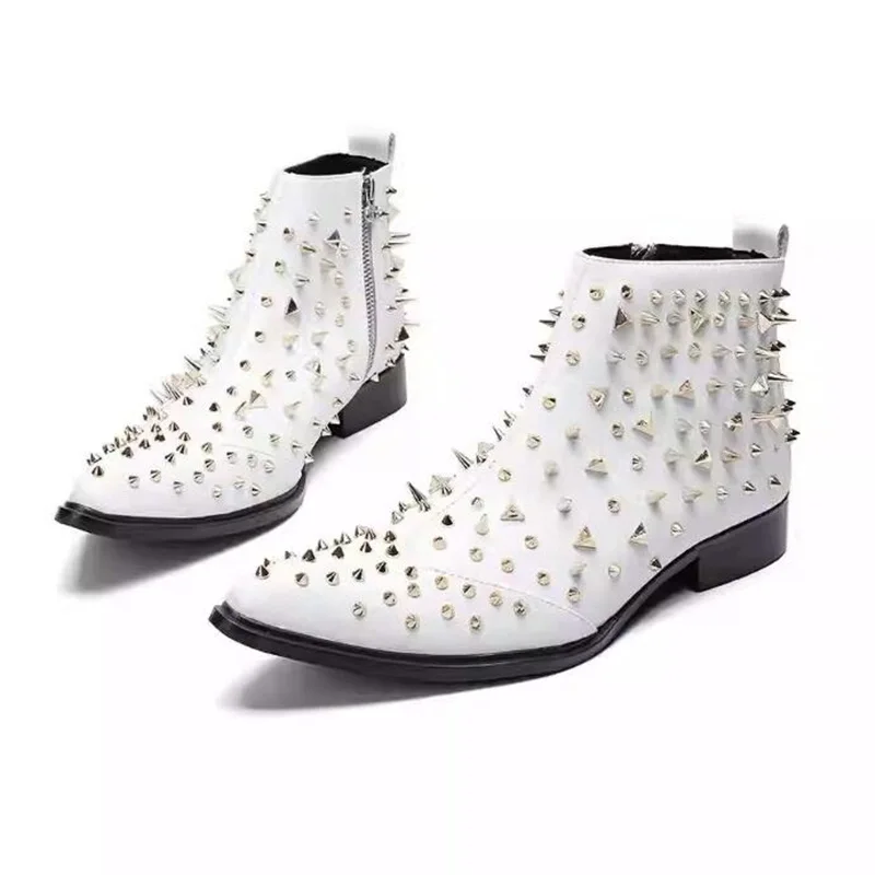 

British Style Full Rivets Spikes Men Boots White Leather Block Heels Zipper Casual Mens Outside Shoes High Top Flat Mens Boots