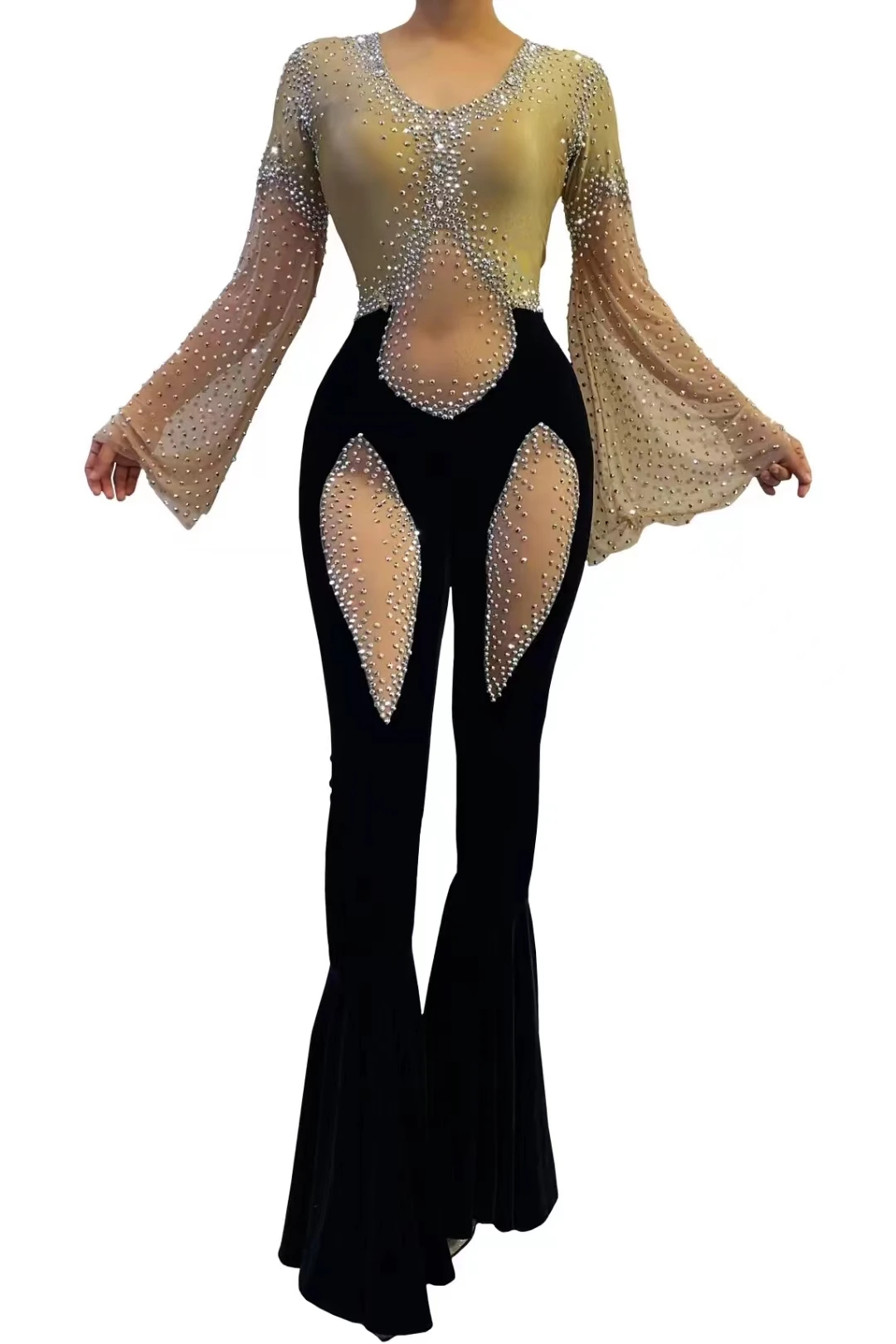 Moda Strass Velluto Patchwork Tuta Donna Performance Pole Dance Vestiti Stagerave Abiti Drag Queen Costumes A500