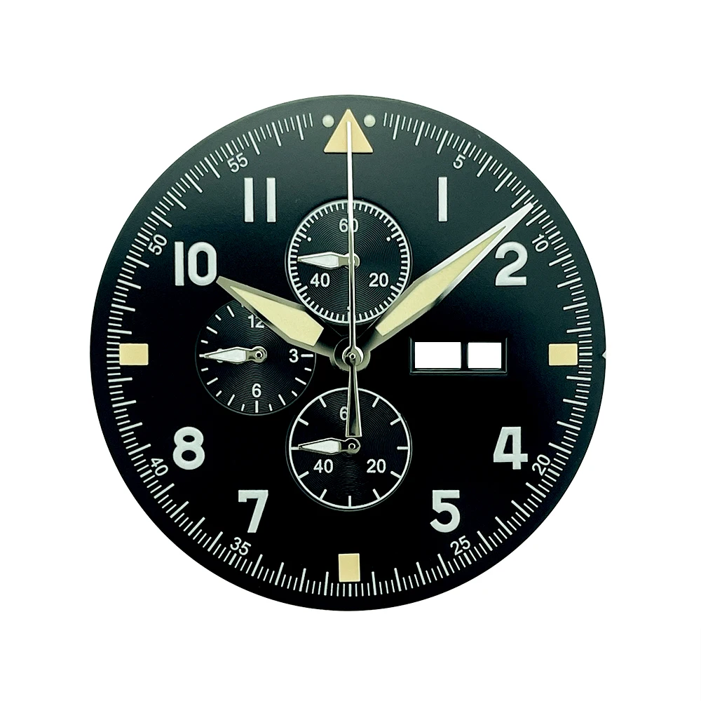Copper Pilot Chronograph Dial & Hands Set with Green Lume, 12-Hour Display, Black Finish