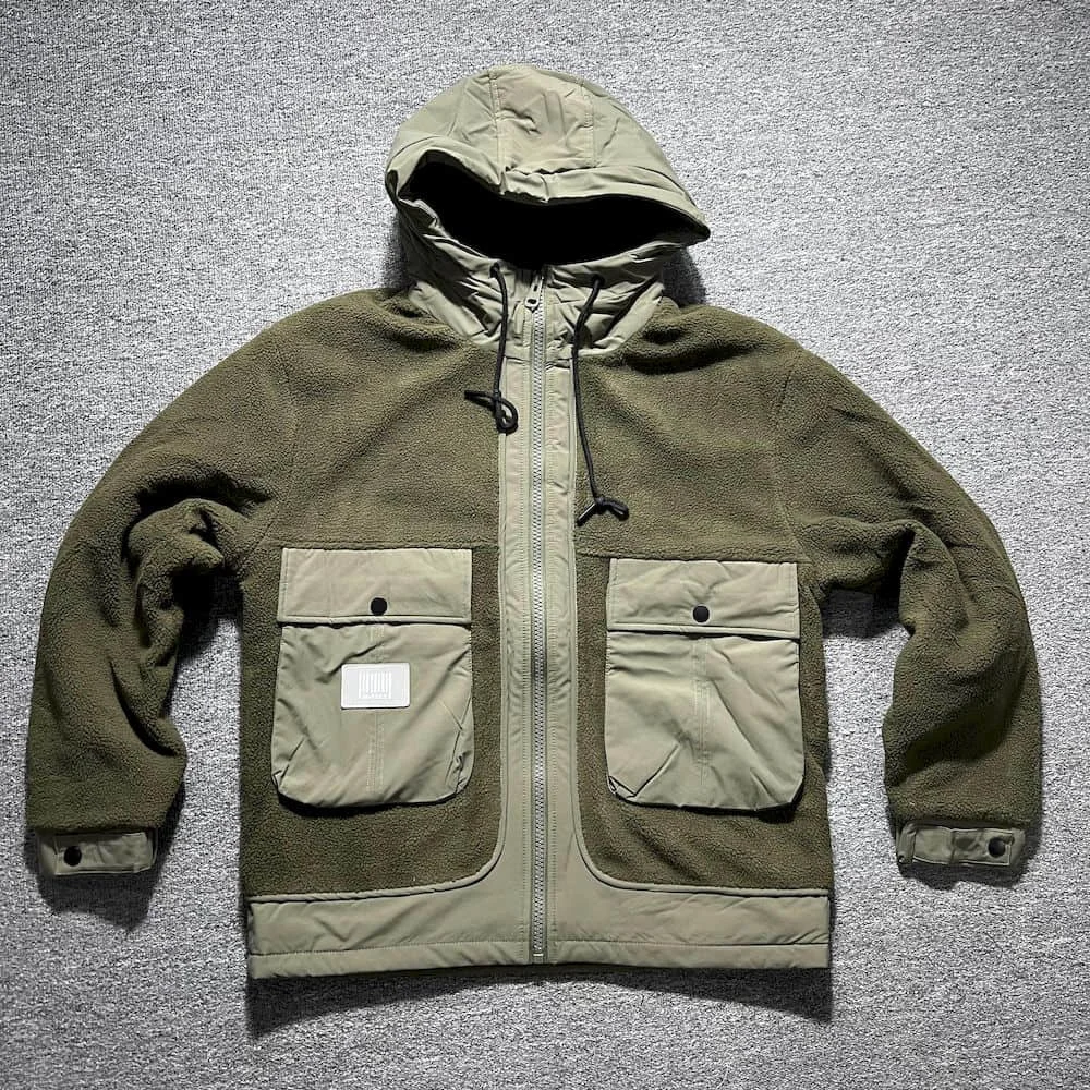 Description Picture 2 of itemPolar Fleece Patchwork Coat Japan Style Cargo Spliced Thick Parkas Workwear Large Pocket Padded Coat Winter Oversized Hooded Top