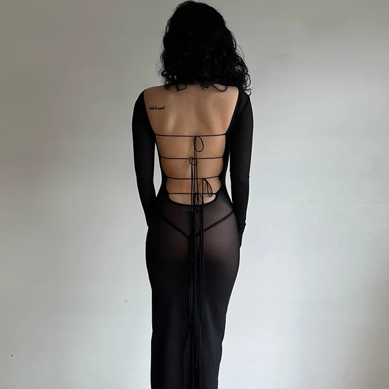 

Women's See-through Gauze Backless Dress Lacing Up Close-fitting Pure Desire for Fun Mid-dress Long-sleeved Slim Black Dress