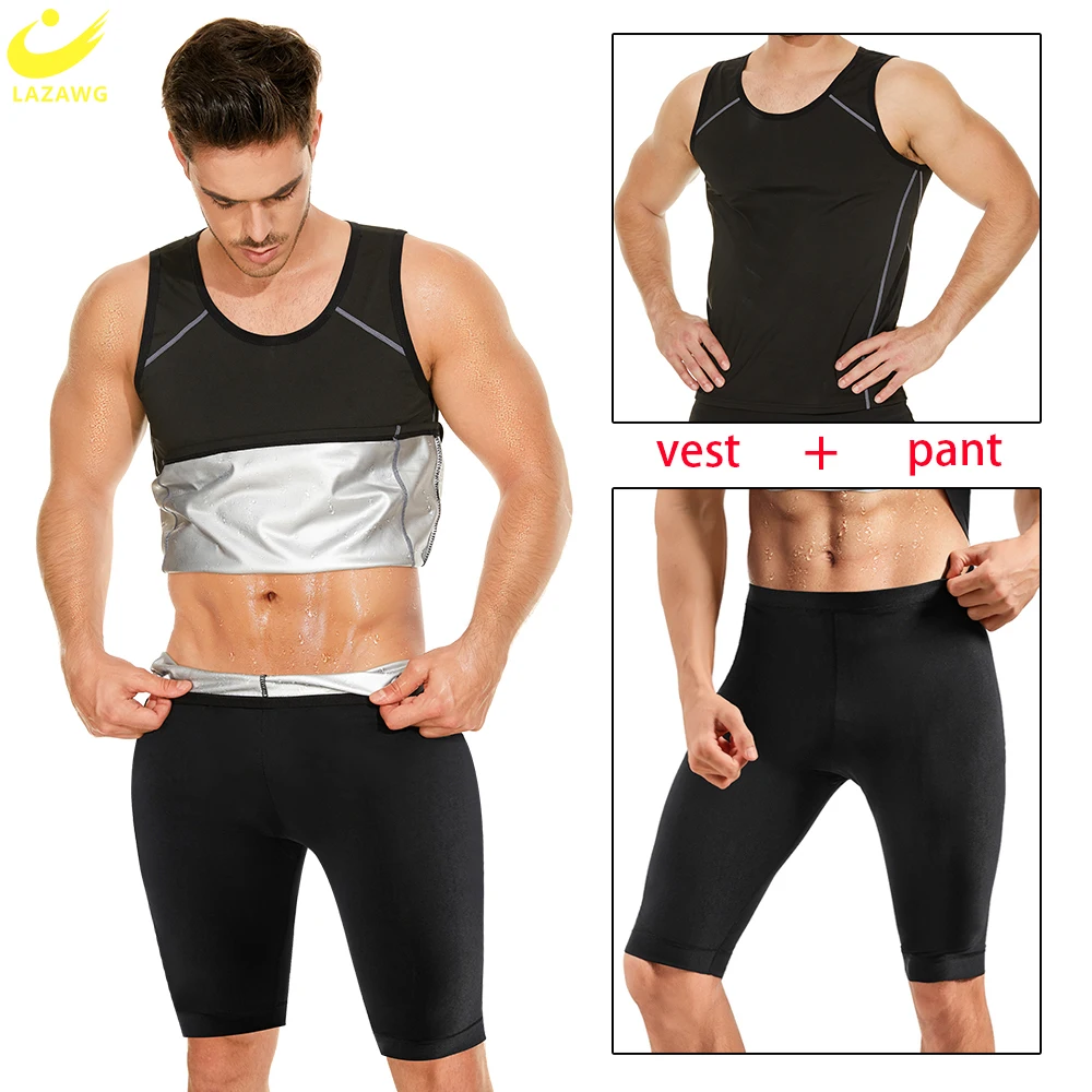 

LAZAWG Sauna Suit for Men Sweat Set Slimming Shorts Weight Loss Vest High Waisted Pants Fitness Tank Top Body Shaper Fat Burner